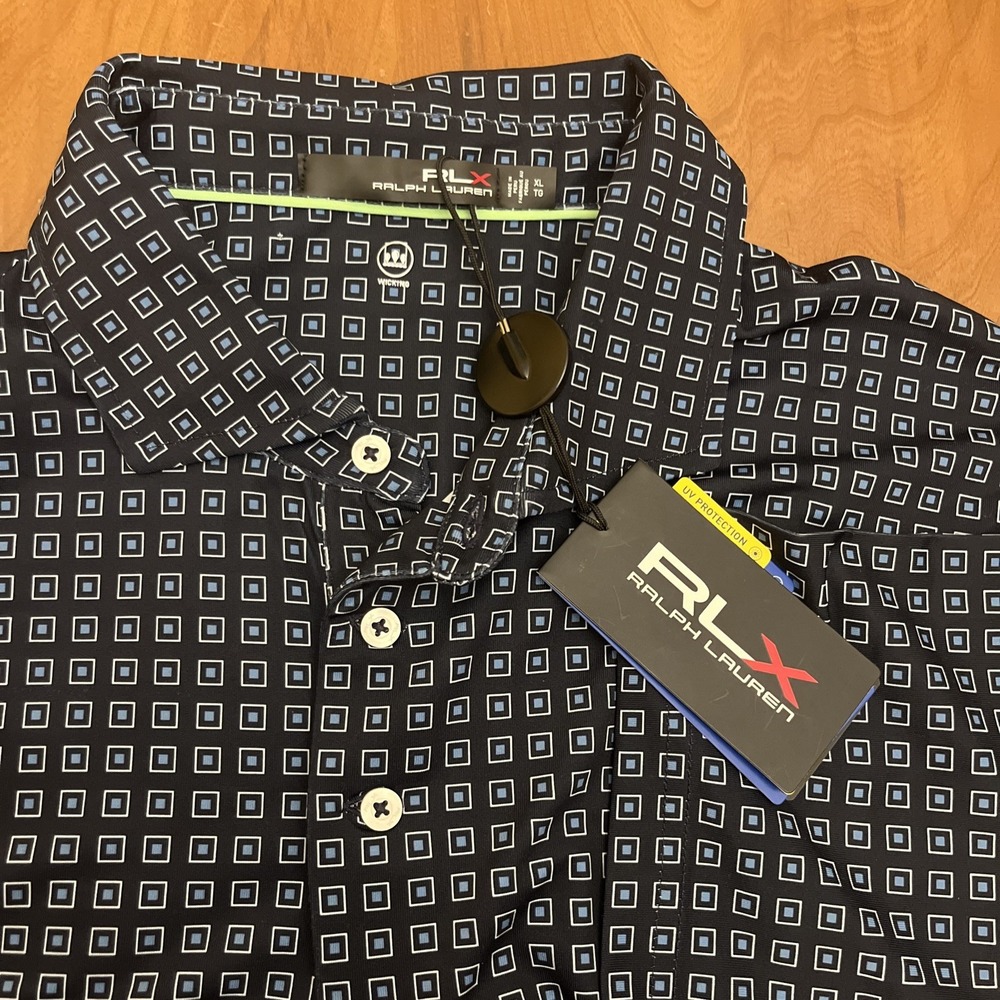 RLX Ralph Lauren Mens Pro Fit Golf Polo Navy Blue Geometric Square Size XL